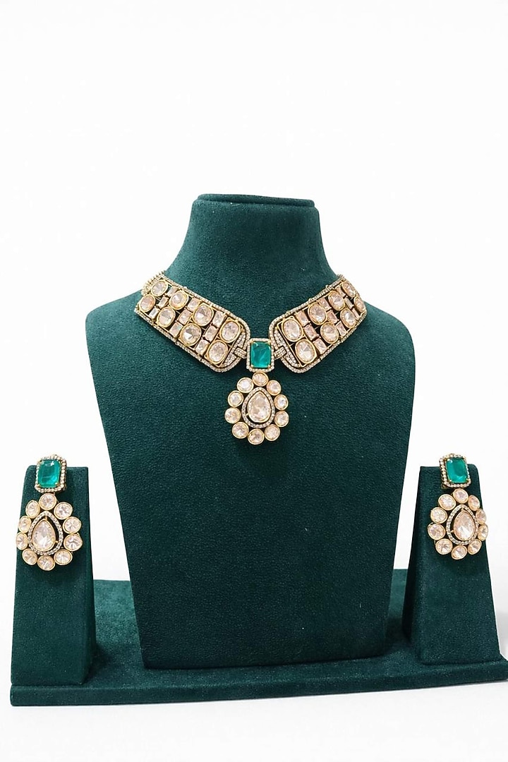Gold Finish Moissanite & Emerald Doublet Stone Necklace Set by JewelTreeTz at Pernia's Pop Up Shop