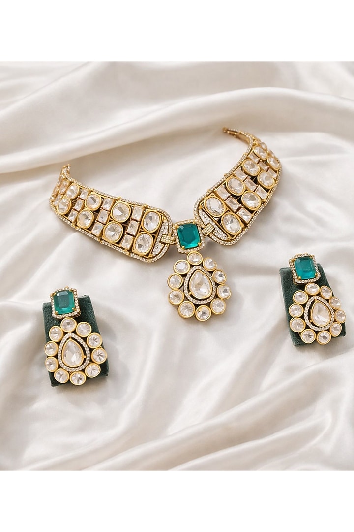Gold Finish Moissanite & Emerald Doublet Stone Necklace Set by JewelTreeTz at Pernia's Pop Up Shop