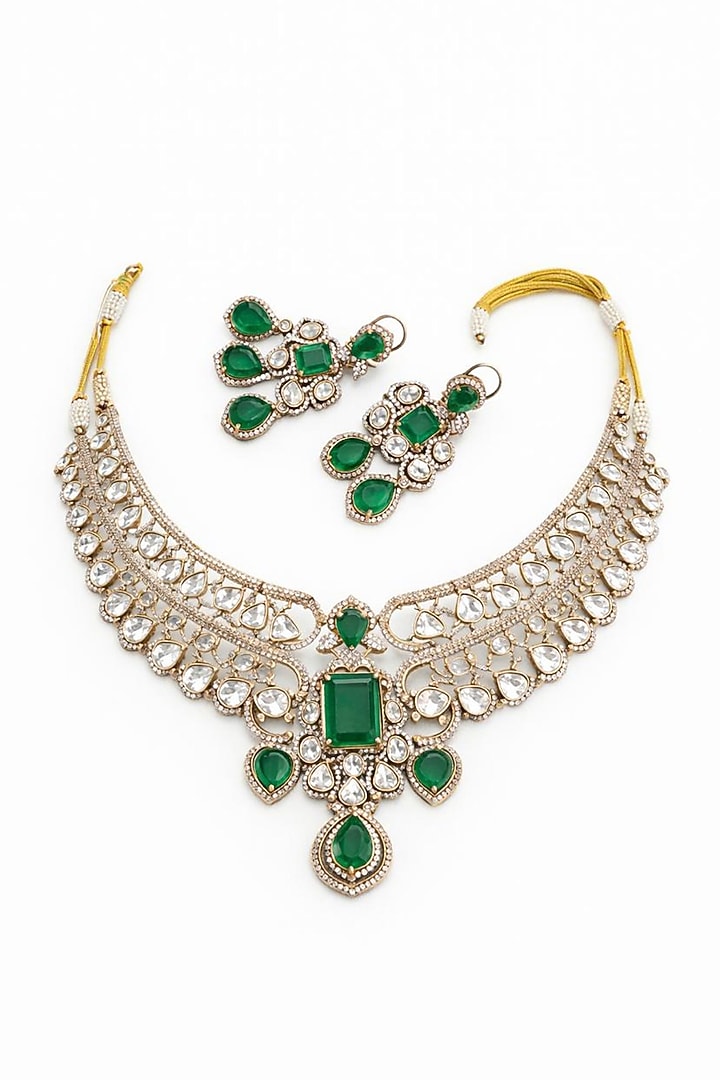 Gold Finish Moissanite & Emerald Doublet Stone Necklace Set by JewelTreeTz at Pernia's Pop Up Shop