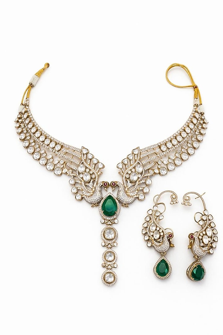 Gold Finish Moissanite & Emerald Doublet Stone Necklace Set by JewelTreeTz at Pernia's Pop Up Shop