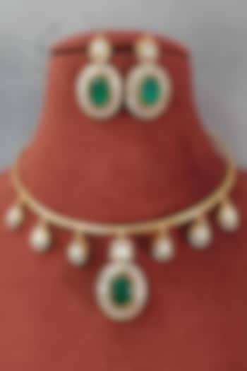 Gold Finish Moissanite & Emerald Doublet Stone Necklace Set by JewelTreeTz at Pernia's Pop Up Shop