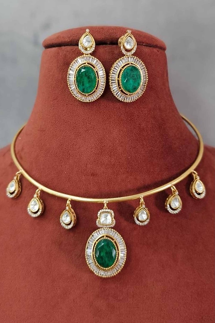 Gold Finish Moissanite & Emerald Doublet Stone Necklace Set by JewelTreeTz at Pernia's Pop Up Shop