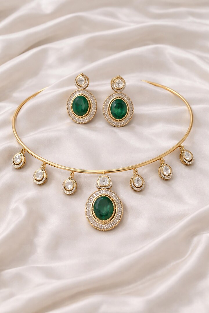 Gold Finish Moissanite & Emerald Doublet Stone Necklace Set by JewelTreeTz at Pernia's Pop Up Shop