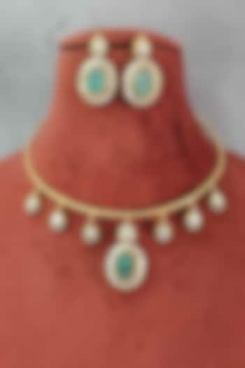Gold Finish Moissanite & Mint Green Stone Necklace Set by JewelTreeTz at Pernia's Pop Up Shop