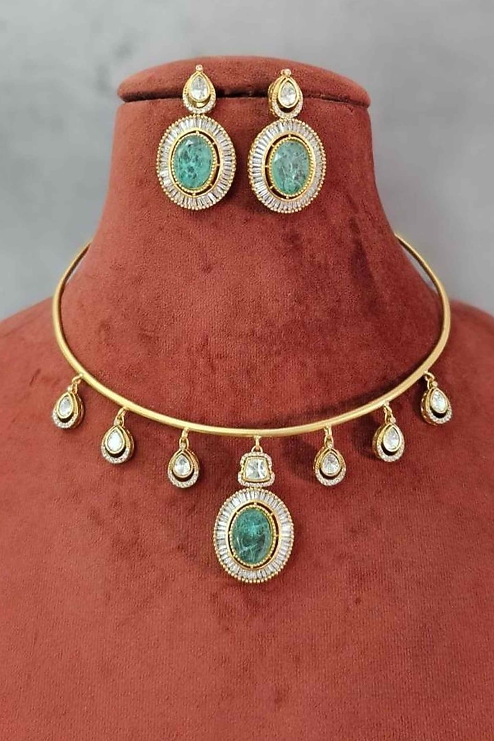 Gold Finish Moissanite & Mint Green Stone Necklace Set by JewelTreeTz at Pernia's Pop Up Shop