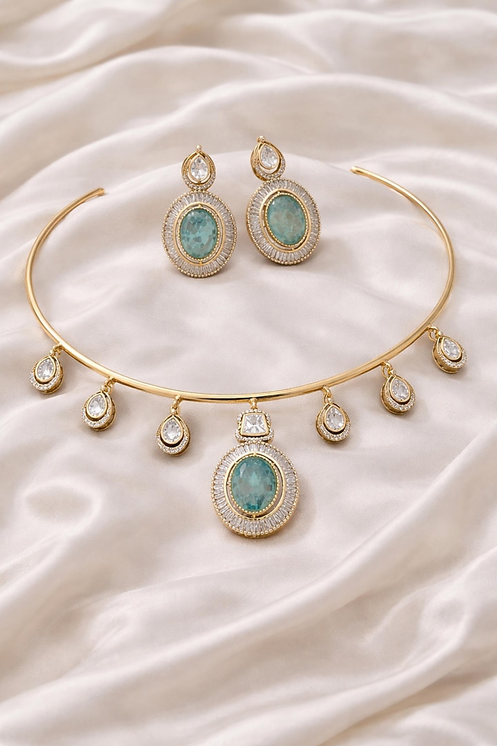 Gold Finish Moissanite & Mint Green Stone Necklace Set by JewelTreeTz at Pernia's Pop Up Shop