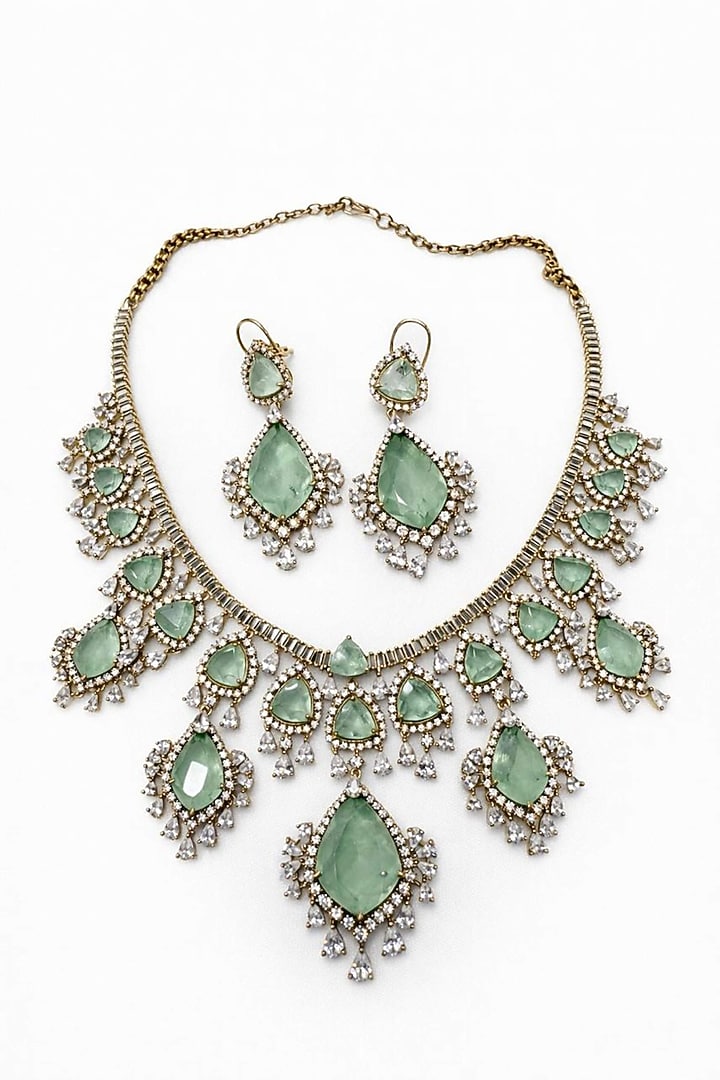 Gold Finish CZ & Mint Green Stone Necklace Set by JewelTreeTz at Pernia's Pop Up Shop