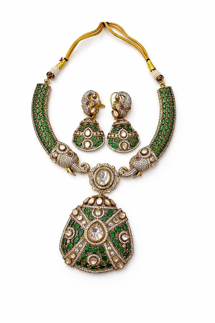 Gold Finish Moissanite & Emerald Necklace Set by JewelTreeTz at Pernia's Pop Up Shop