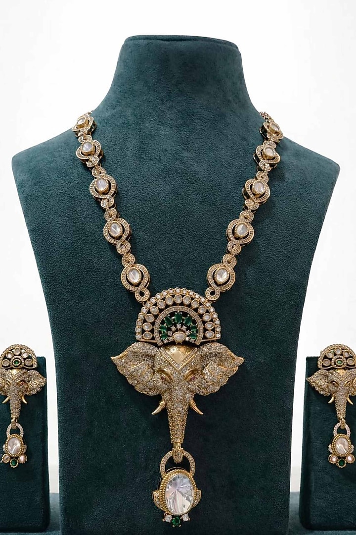 Gold Finish Moissanite & Emerald Necklace Set by JewelTreeTz at Pernia's Pop Up Shop