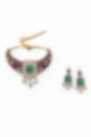 Gold Finish Uncut Kundan Polki & Ruby Choker Necklace Set by JewelTreeTz at Pernia's Pop Up Shop