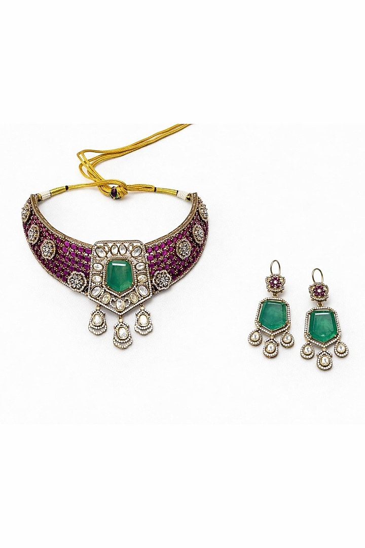 Gold Finish Uncut Kundan Polki & Ruby Choker Necklace Set by JewelTreeTz at Pernia's Pop Up Shop