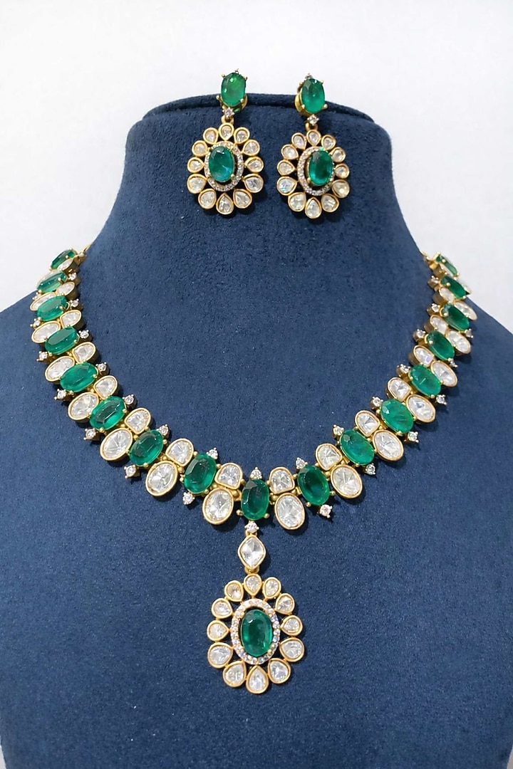 Gold Finish Moissanite & Emerald Doublet Necklace Set by JewelTreeTz at Pernia's Pop Up Shop
