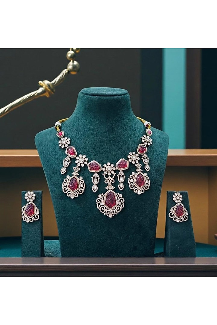 Gold Finish Kundan Polki & Ruby Necklace Set by JewelTreeTz at Pernia's Pop Up Shop