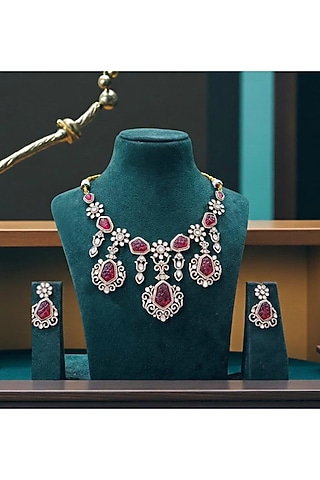 Gold Finish Kundan Polki & Ruby Necklace Set by JewelTreeTz