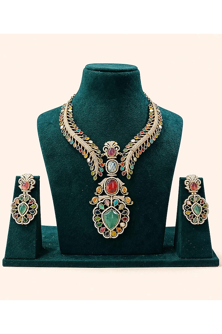 Gold Finish Moissanite & Emerald Doublet Necklace Set by JewelTreeTz at Pernia's Pop Up Shop