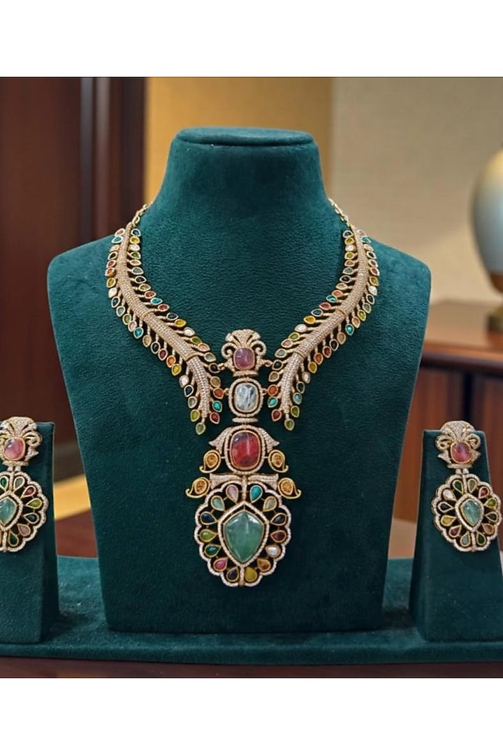 Gold Finish Moissanite & Emerald Doublet Necklace Set by JewelTreeTz at Pernia's Pop Up Shop