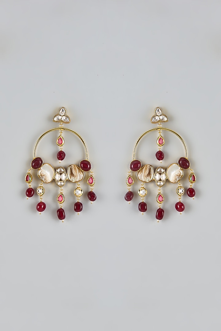 Gold Finish Kundan Polki & Ruby Beaded Chandbali Earrings by JewelTreeTz at Pernia's Pop Up Shop
