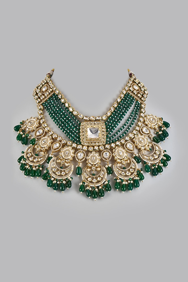 Gold Finish Kundan Polki & Green Onyx Handmade Necklace Set by JewelTreeTz at Pernia's Pop Up Shop