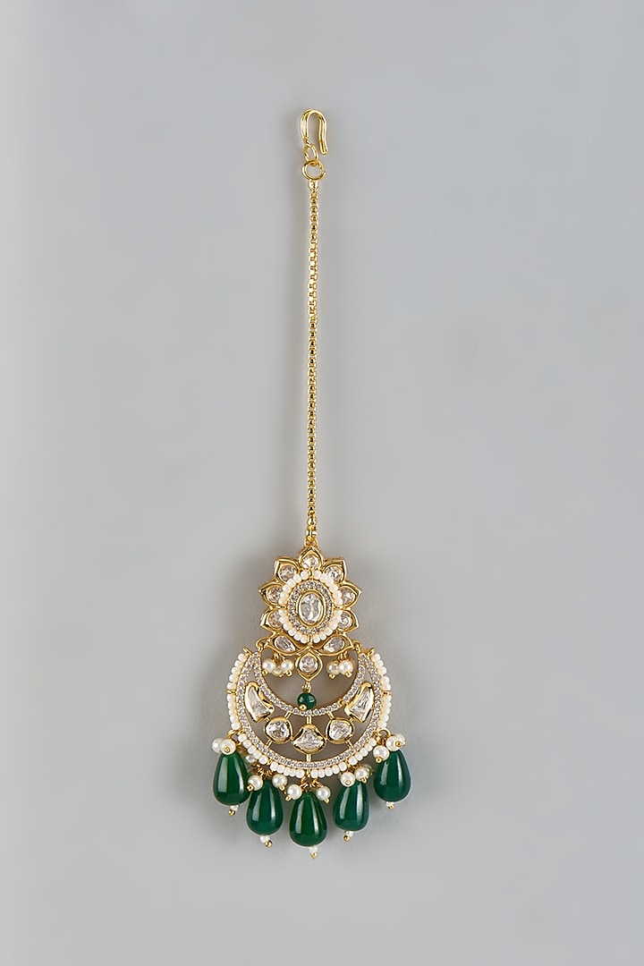 Gold Finish Kundan Polki & Green Onyx Handmade Necklace Set by JewelTreeTz at Pernia's Pop Up Shop