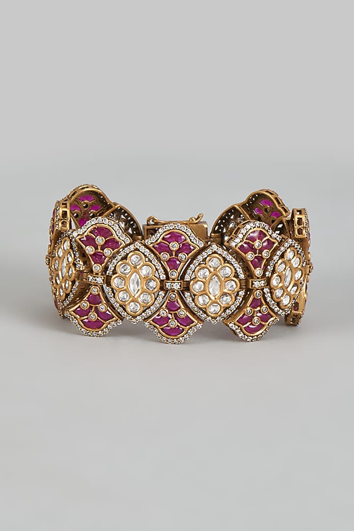 Antique Gold Finish Kundan Polki & Ruby Stone Bracelet by JewelTreeTz at Pernia's Pop Up Shop