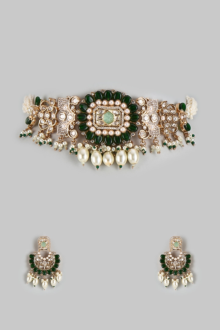 Gold Finish Kundan Polki & Emerald Stone Choker Necklace Set by JewelTreeTz at Pernia's Pop Up Shop