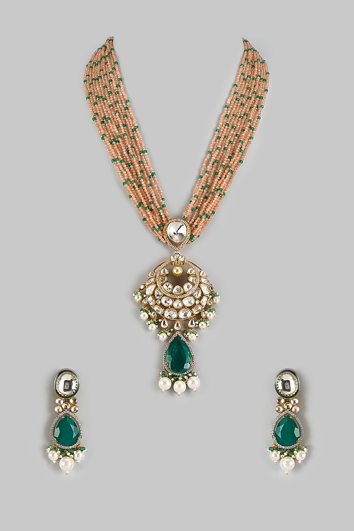 Gold Finish Kundan Polki & Emerald Doublet Stone Long Necklace Set by JewelTreeTz at Pernia's Pop Up Shop