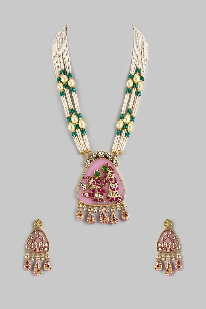 Gold Finish Pearl & Emerald Agate Beaded Long Temple Necklace Set by JewelTreeTz at Pernia's Pop Up Shop