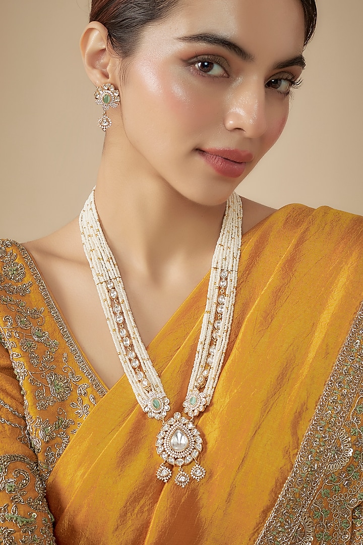 Gold Finish Kundan Polki & Pearl Beaded Long Necklace Set by JewelTreeTz at Pernia's Pop Up Shop