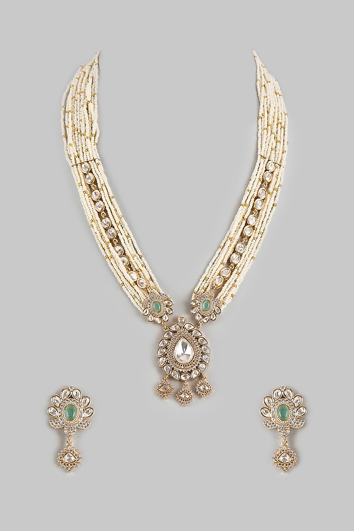 Gold Finish Kundan Polki & Pearl Beaded Long Necklace Set by JewelTreeTz at Pernia's Pop Up Shop