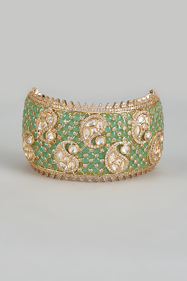 Antique Gold Finish Kundan Polki & Emerald Beaded Bracelet by JewelTreeTz at Pernia's Pop Up Shop