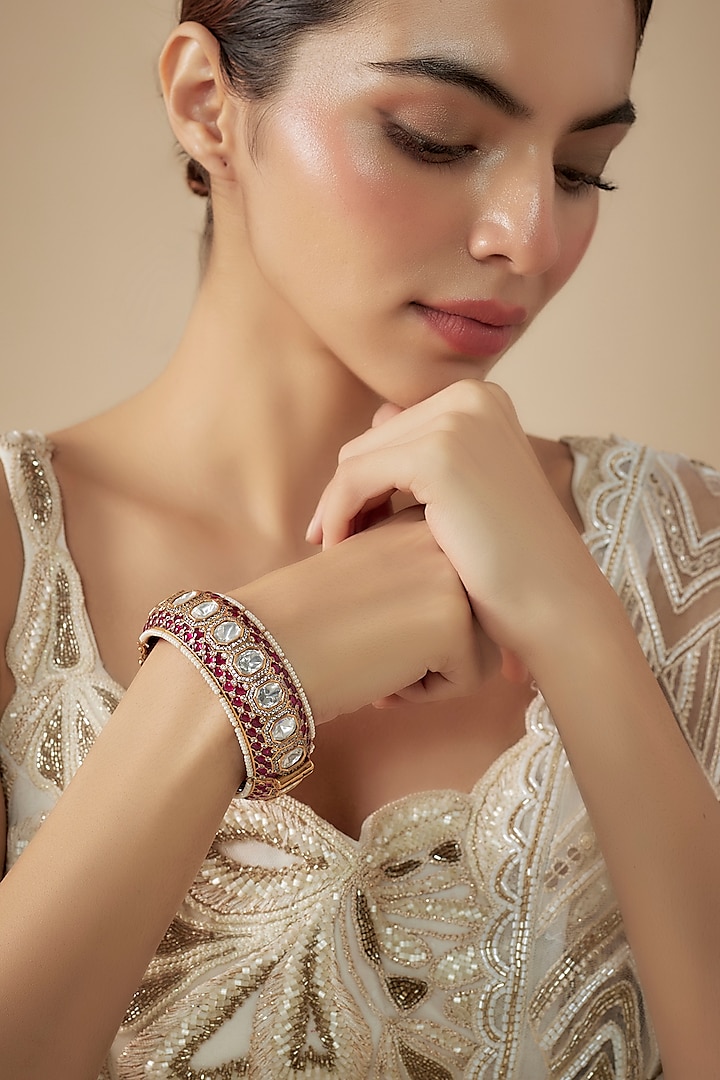 Antique Gold Finish Moissanite & Ruby Stone Bangle by JewelTreeTz at Pernia's Pop Up Shop