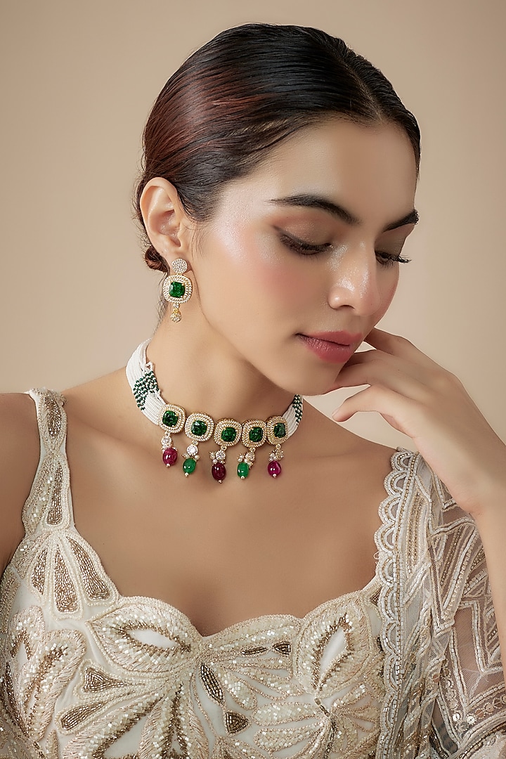 Gold Finish Emerald Doublet & CZ Stone Choker Necklace Set by JewelTreeTz at Pernia's Pop Up Shop