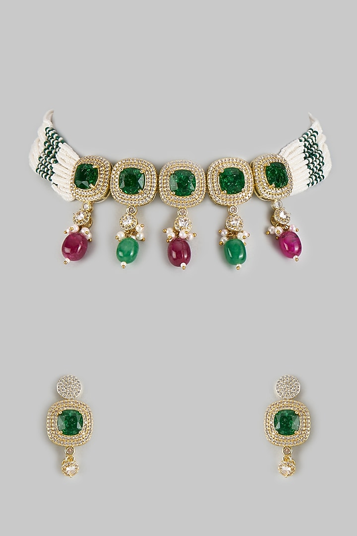 Gold Finish Emerald Doublet & CZ Stone Choker Necklace Set by JewelTreeTz at Pernia's Pop Up Shop