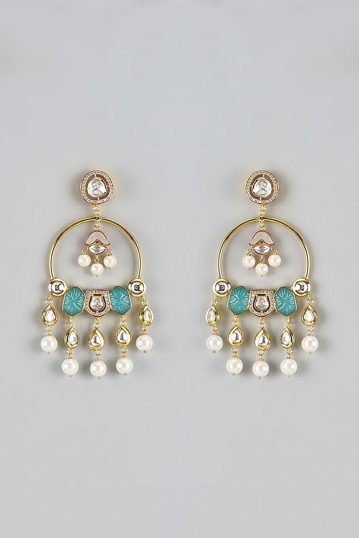 Gold Finish Kundan Polki & Aqua Green Carved Stone Chandbali Earrings by JewelTreeTz at Pernia's Pop Up Shop