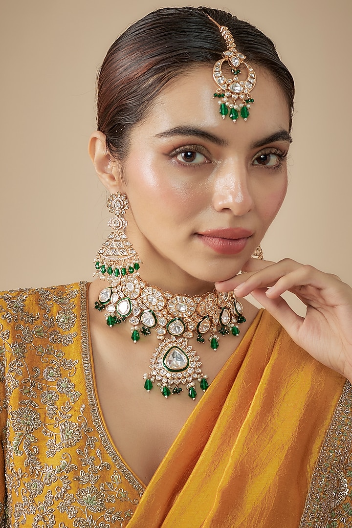 Gold Finish Kundan Polki Choker Necklace Set by JewelTreeTz at Pernia's Pop Up Shop