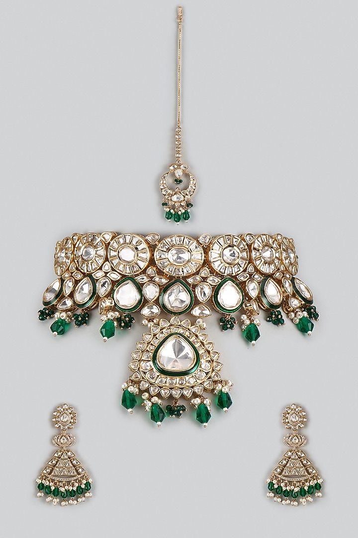 Gold Finish Kundan Polki Choker Necklace Set by JewelTreeTz at Pernia's Pop Up Shop