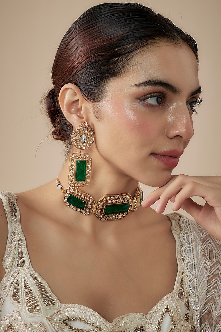 Gold Finish Kundan Polki & Emerald Stone Choker Necklace Set by JewelTreeTz at Pernia's Pop Up Shop