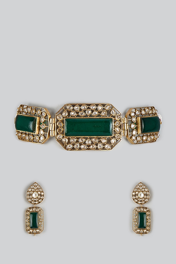 Gold Finish Kundan Polki & Emerald Stone Choker Necklace Set by JewelTreeTz at Pernia's Pop Up Shop