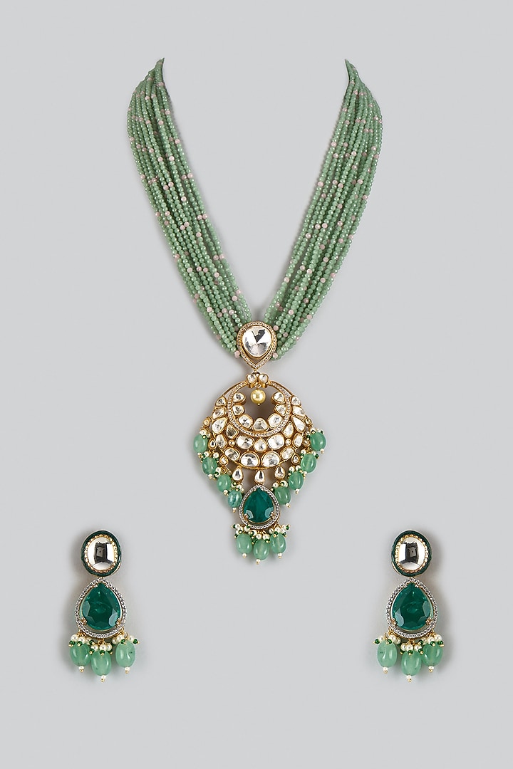 Gold Finish Kundan Polki & Emerald Doublet Stone Long Necklace Set by JewelTreeTz at Pernia's Pop Up Shop