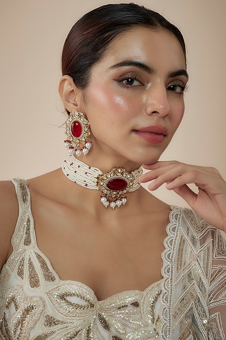 Gold Finish Kundan Polki & Diamond Choker Necklace Set by JewelTreeTz at Pernia's Pop Up Shop