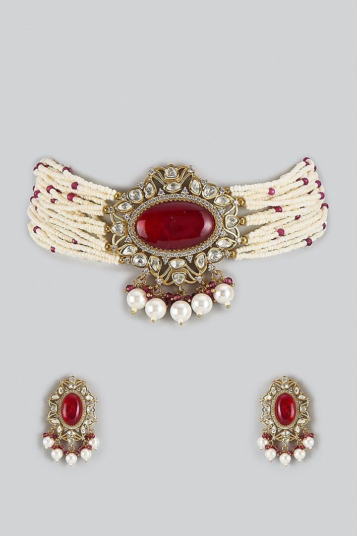 Gold Finish Kundan Polki & Diamond Choker Necklace Set by JewelTreeTz at Pernia's Pop Up Shop