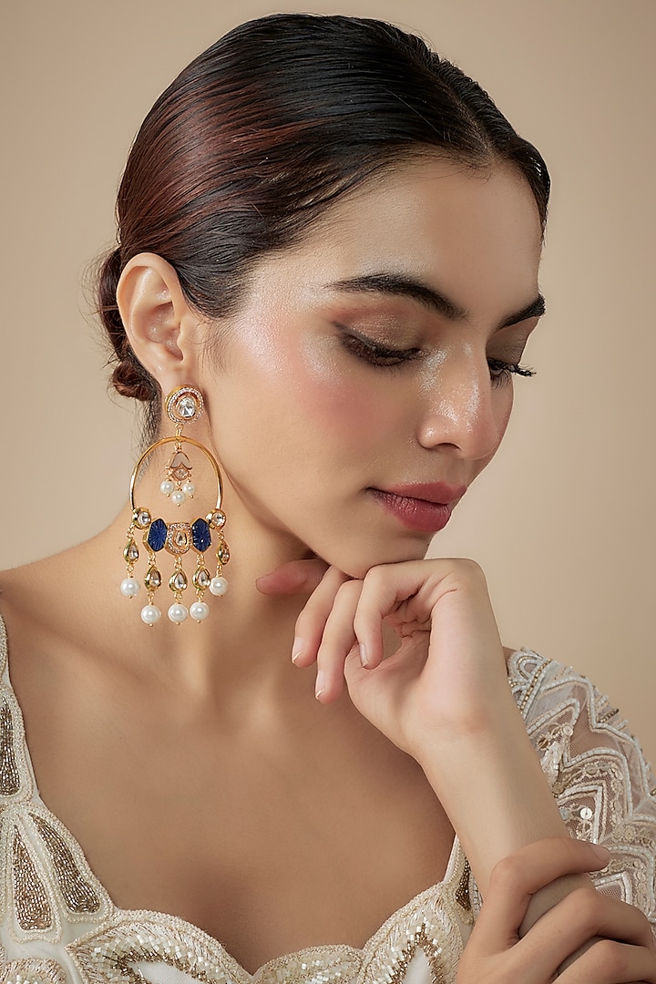 Gold Finish Kundan Polki & Pearl Chandbaali Earrings by JewelTreeTz at Pernia's Pop Up Shop