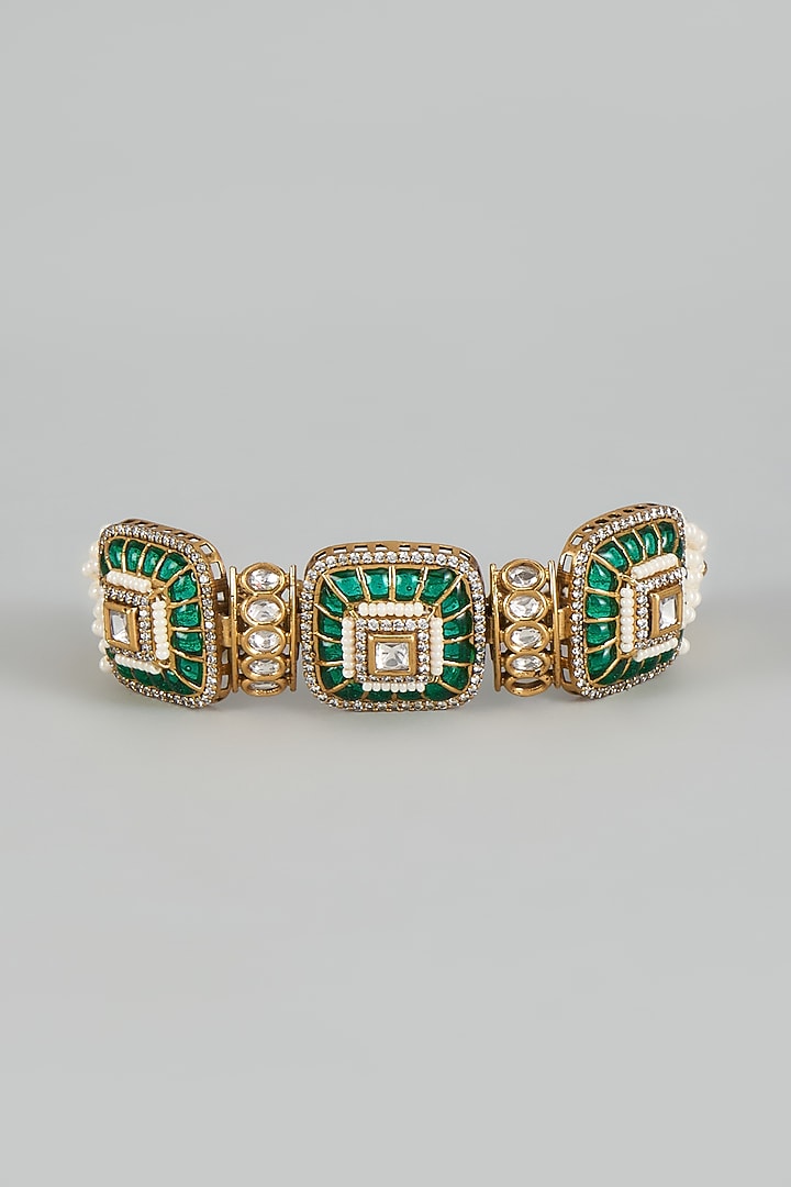 Gold Finish Uncut Kundan Polki & Pearl Meenakari Bracelet by JewelTreeTz at Pernia's Pop Up Shop