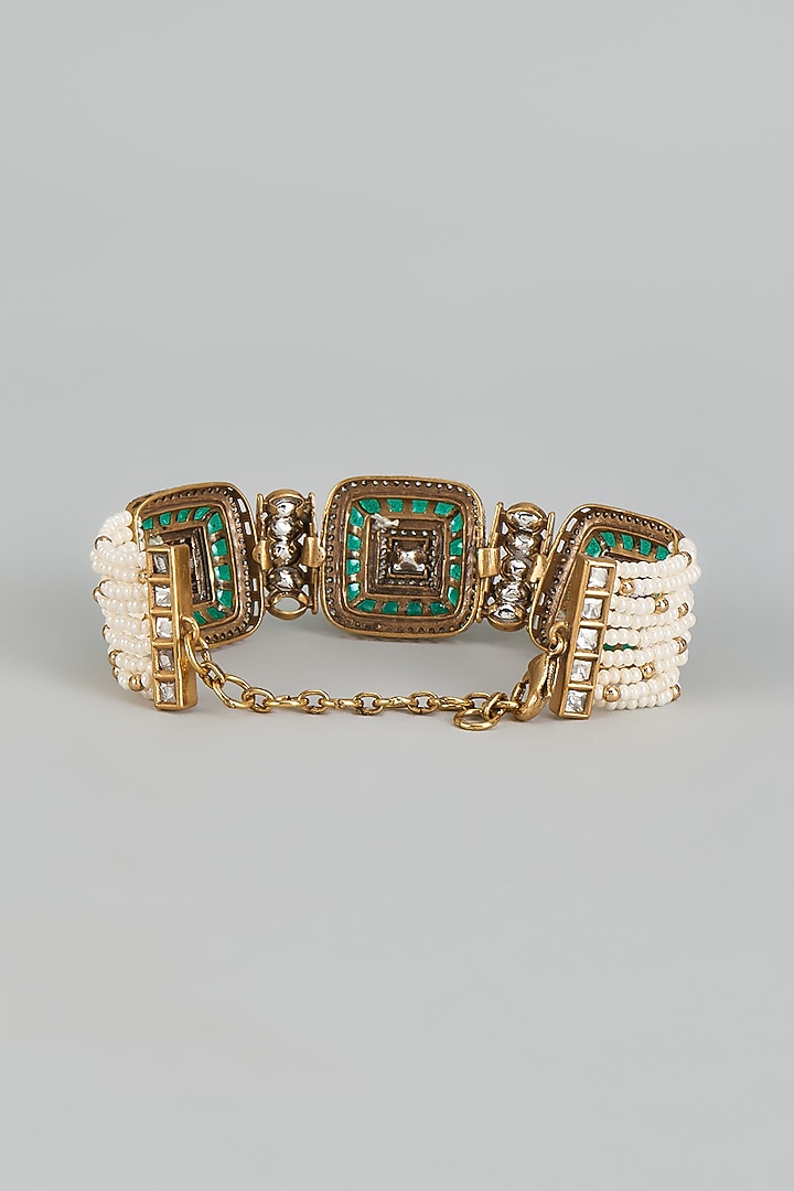 Gold Finish Uncut Kundan Polki & Pearl Meenakari Bracelet by JewelTreeTz at Pernia's Pop Up Shop