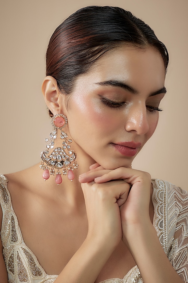 Gold Finish Kundan Polki & Peach Beaded Chandbaali Earrings by JewelTreeTz at Pernia's Pop Up Shop