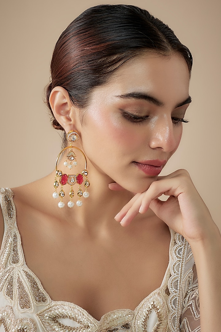 Gold Finish Kundan Polki & Pearl Chandbaali Earrings by JewelTreeTz at Pernia's Pop Up Shop