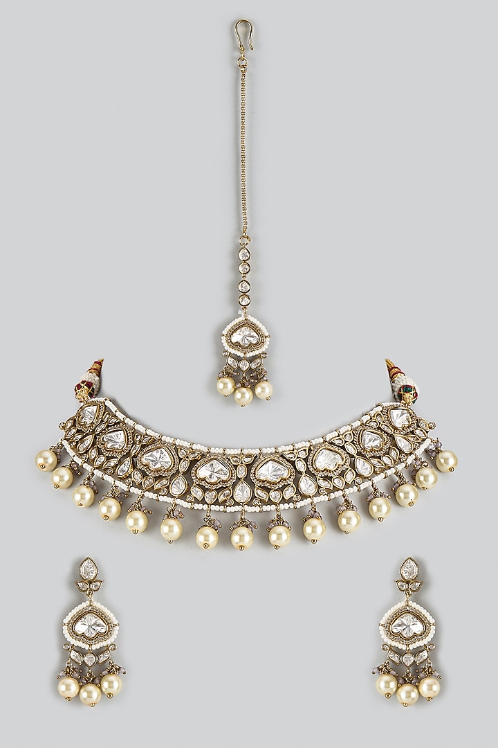 Gold Finish Kundan Polki Choker Necklace Set by JewelTreeTz at Pernia's Pop Up Shop