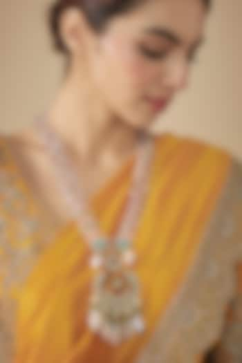 Gold Finish Rose Quartz Beaded & Paachi Kundan Polki Long Necklace by JewelTreeTz at Pernia's Pop Up Shop