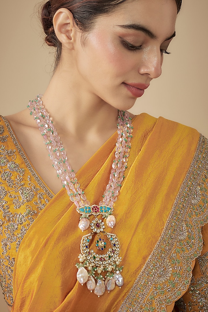 Gold Finish Rose Quartz Beaded & Paachi Kundan Polki Long Necklace by JewelTreeTz at Pernia's Pop Up Shop