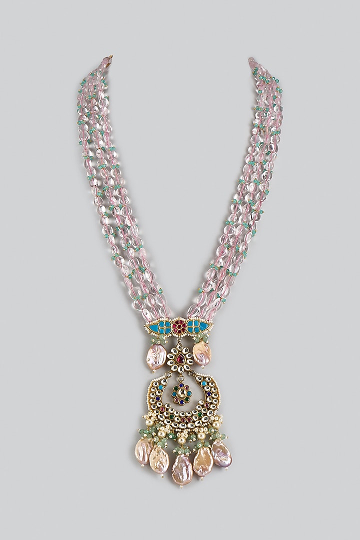 Gold Finish Rose Quartz Beaded & Paachi Kundan Polki Long Necklace by JewelTreeTz at Pernia's Pop Up Shop